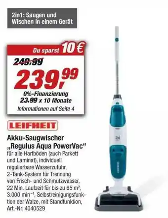 toom Baumarkt Leifheit Akku-saugwischer „regulus Aqua Powervac” Angebot