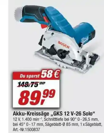 toom Baumarkt Bosch Akku-kreissäge „gks 12v-26 Solo” Angebot