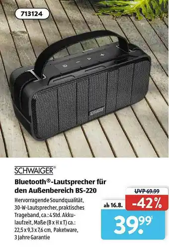 Aldi Süd Schwaiger Bleutooth -lautsprecher Für Den Außenbereich Bs-220 Angebot