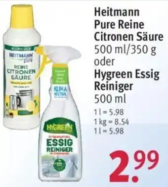 Rossmann Heitmann Pure Reine Citronen Säure 500 ml/350 g oder Hygreen Essig Reiniger 500 ml Angebot