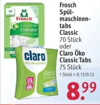 Rossmann Frosch Spül-maschinen-tabs Classic 70 Stück oder Claro Öko Classic Tabs 75 Stück Angebot