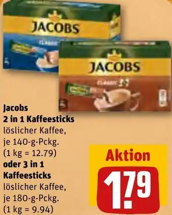 REWE Jacobs 2 in 1 Kaffeesticks 140-g oder 3 in 1 Kaffeesticks löslicher Kaffee 180-g-Pckg. Angebot