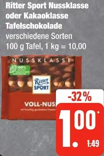 Edeka Ritter Sport Nussklasse oder Kakaoklasse Tafelschokolade 100 g Angebot