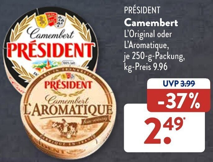 PRÉSIDENT Camembert 250 g Packung Angebot bei Aldi Süd