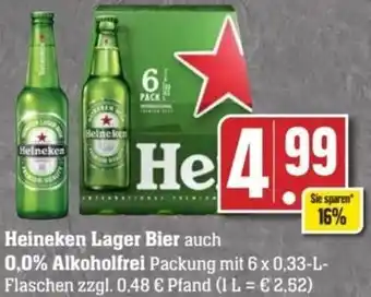 Edeka Heineken Lager Bier auch 0,0% Alkoholfrei 6 x 0,33-L-Flaschen Angebot