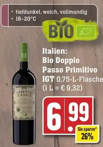 Edeka Italien: Bio Doppio Passo Primitivo 0,75-L-Flasche Angebot