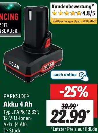 Lidl PARKSIDEⓇ Akku 4 Ah ,,PAPK 12 B3" Angebot