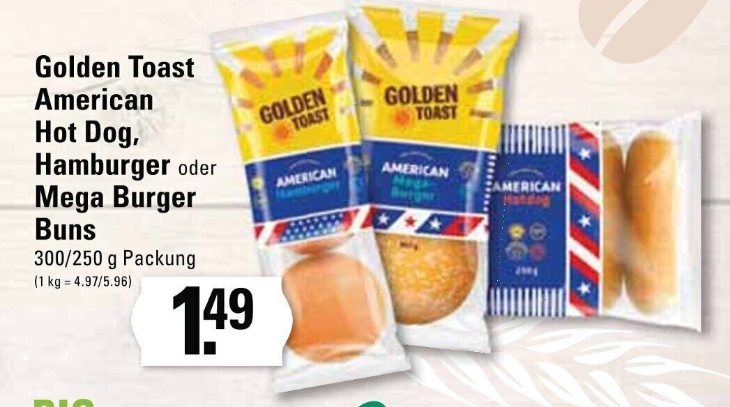 Golden Toast American Hot Dog, Hamburger oder Mega Burger Buns 300/250g