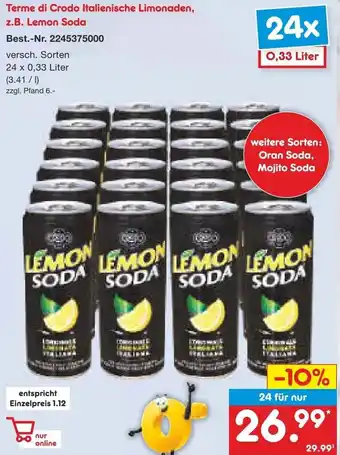 Netto Marken-Discount Terme di Crodo Italienische Limonaden, z.B. Lemon Soda 24x0,33 Liter Angebot