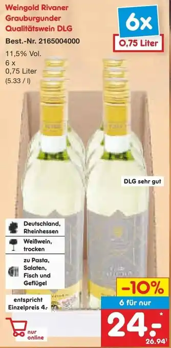 Netto Marken-Discount Weingold Rivaner Grauburgunder Qualitätswein DLG 6x0,75 Liter Angebot