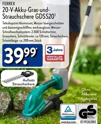 Aldi Nord FERREX 20-V-Akku-Gras-und-Strauchschere GDSS20¹ Angebot