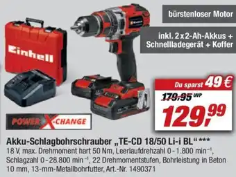 toom Baumarkt Einhell Akku-Schlagbohrschrauber ,,TE-CD 18/50 Li-i BL" Angebot