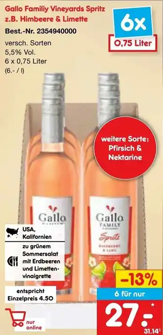 Netto Marken-Discount Gallo Familiy Vineyards Spritz z.B. Himbeere & Limette 6x0,75 Liter Angebot