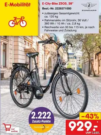 Netto Marken-Discount ZUNDAPP E-City-Bike Z505, 28" Angebot