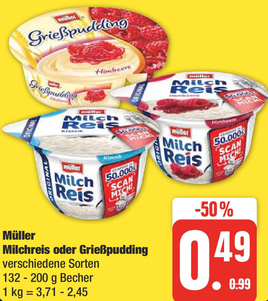 Müller Milchreis oder Grießpudding 132 - 200 g Becher Angebot bei Edeka