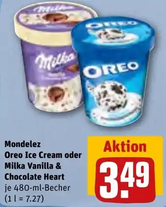 REWE Mondelez Oreo Ice Cream oder Milka Vanilla & Chocolate Heart 480-ml-Becher Angebot