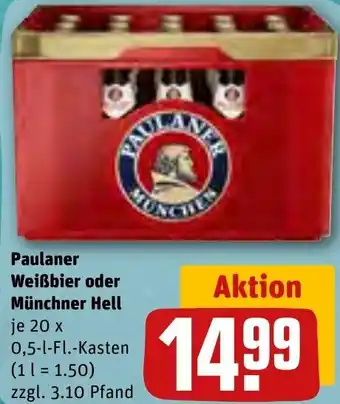 REWE Paulaner Weißbier oder Münchner Hell 20 x 0,5-1-Fl.-Kasten Angebot