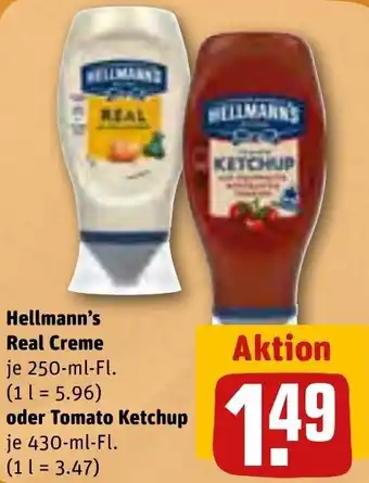 REWE Hellmann's Real Creme 250-ml-Fl. oder Tomato Ketchup 430-ml-Fl. Angebot