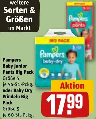 REWE Pampers Baby Junior Pants Big Pack Größe 5, je 54-St.-Pckg. oder Baby Dry Windeln Big Pack Größe 5, 60-St.-Pckg. Angebot