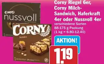 Hit Corny Riegel 6er, Corny Milch-Sandwich, Haferkraft 4er oder Nussvoll 4er 88-175 g Packung Angebot