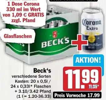 Hit Beck's 20 x 0,5 L/ 24 x 0,33 L Flaschen Angebot