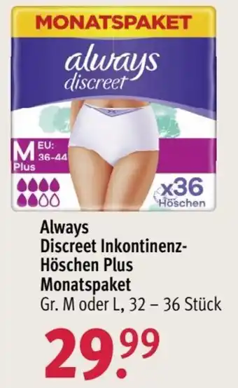 Rossmann Always Discreet Inkontinenz Höschen Plus Monatspaket Angebot