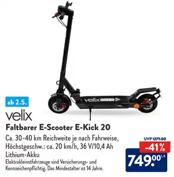 Aldi Süd velix Faltbarer E-Scooter E-Kick 20 Angebot