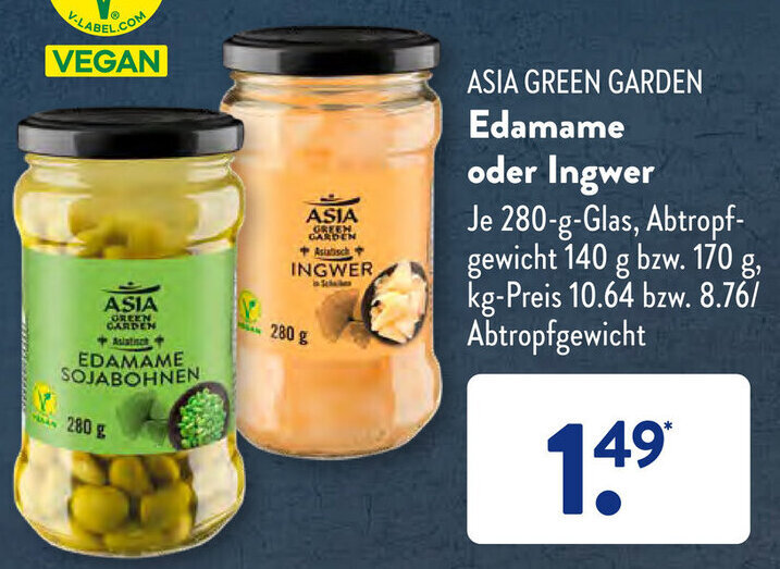 ASIA GREEN GARDEN Edamame oder Ingwer 280 g Glas Angebot bei Aldi Süd