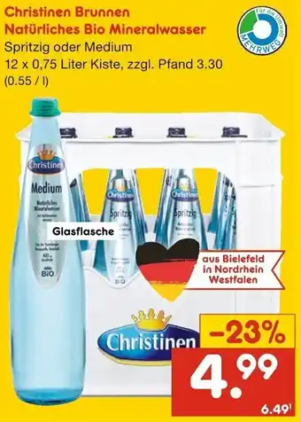 Netto Marken-Discount Christinen Brunnen Natürliches Bio Mineralwasser 12 x 0,75 Liter Kiste Angebot