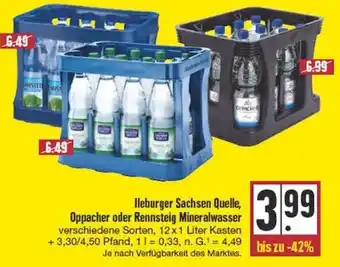 Edeka lleburger Sachsen Quelle, Oppacher oder Rennsteig Mineralwasser 12x1 Liter Kiste Angebot