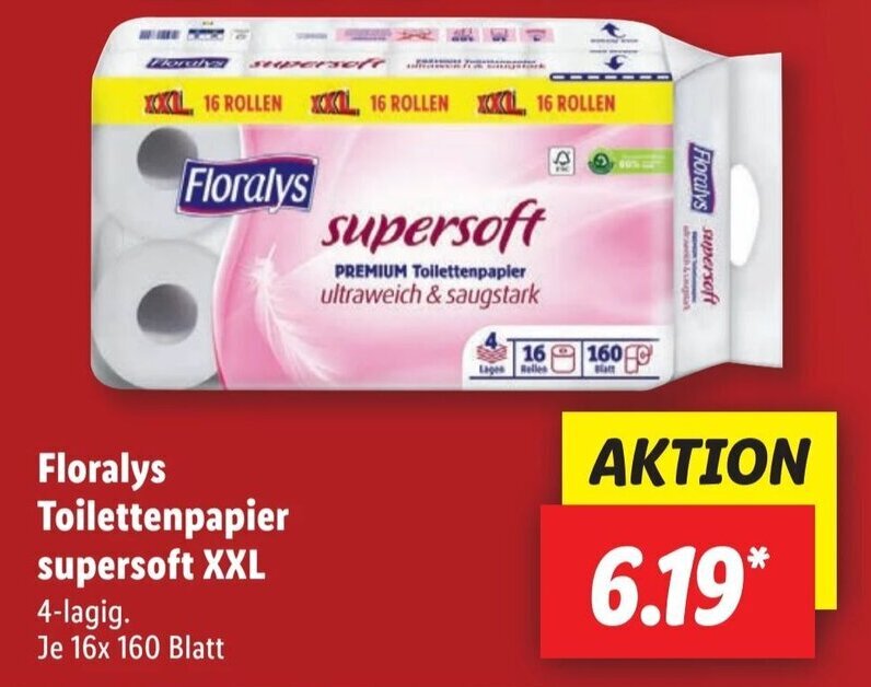 Floralys Toilettenpapier supersoft XXL 16x160 Blatt Angebot bei Lidl