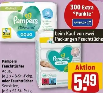 REWE Pampers Feuchttücher Aqua 3x48 St. oder Feuchttücher sensitive 5x52 St. Pckg. Angebot