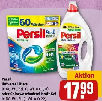 REWE Persil Universal Discs 60 WL Btl. oder Colorwaschmittel Kraft Gel 80 WL Fl. Angebot