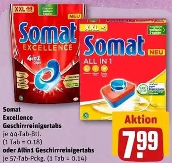 REWE Somat Excellence Geschirrreinigertabs 44-Tab-Btl. oder Allin1 Geschirrreinigertabs 57 Tab Pckg. Angebot