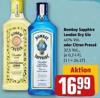 REWE Bombay Sapphire London Dry Gin oder Citron Pressé 0,7 L Angebot