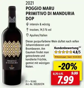 Lidl 2021 POGGIO MARU PRIMITIVO di MANDURIA DOP 0,75 L-Fl. Angebot