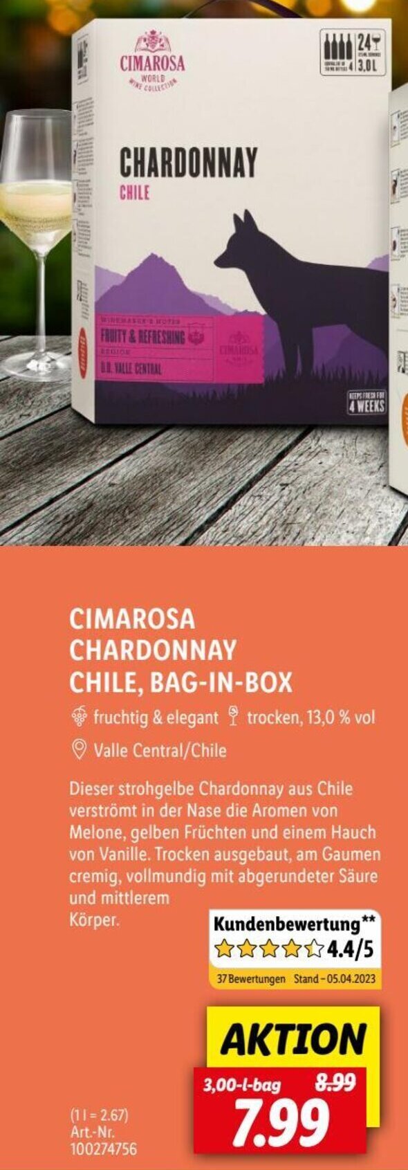 Lidl CIMAROSA CHARDONNAY CHILE, BAG-IN-BOX Angebot