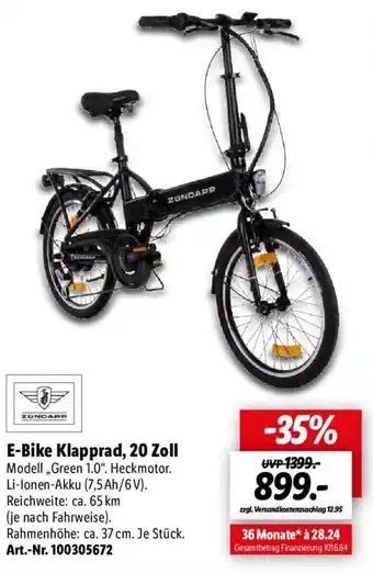 Lidl ZUNDAPP E-Bike Klapprad, 20 Zoll ,,Green 1.0" Angebot