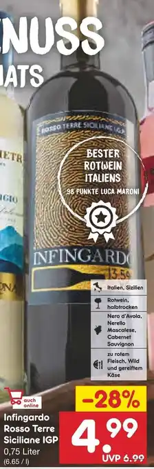 Netto Marken-Discount Infingardo Rosso Terre Siciliane IGP 0,75 Liter Angebot