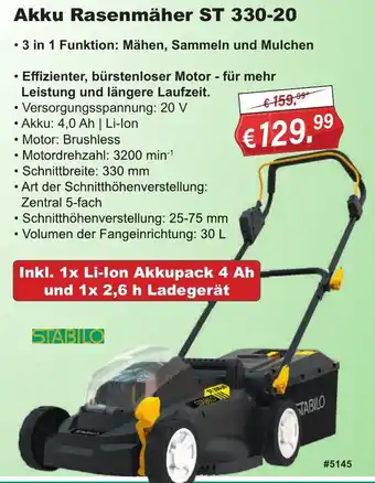 Stabilo Fachmarkt STABILO Akku Rasenmäher ST 330-20 Angebot