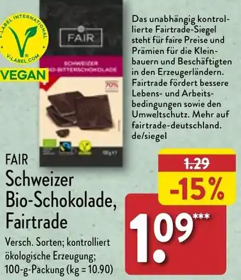 Aldi Nord FAIR Schweizer Bio-Schokolade, Fairtrade 100 g Packung Angebot