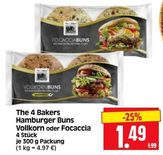 The 4 Bakers Hamburger Buns Vollkorn oder Focaccia 300 g Packung