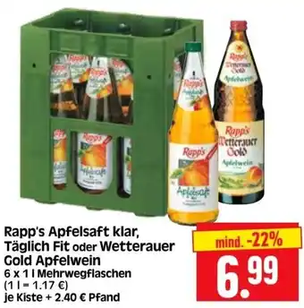 Edeka Herkules Rapp's Apfelsaft klar, Täglich Fit oder Wetterauer Gold Apfelwein 6x1 L Angebot