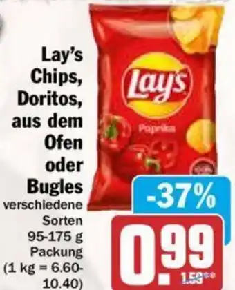 Hit Lay's, Chips, Doritos, aus dem Ofen oder Bugles 95-175 g Packung Angebot