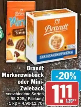 Hit Brandt Markenzwieback oder Mini Zwieback 95-225 g Packung Angebot