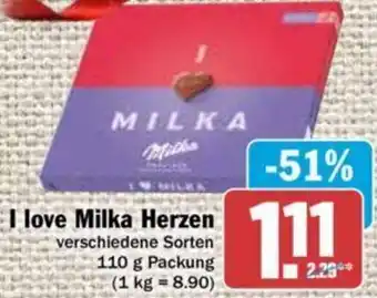 Hit I love Milka Herzen 110 g Packung Angebot