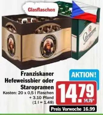 Hit Franziskaner Hefeweissbier oder Staropramen Kasten: 20 x 0,5 L Flaschen Angebot