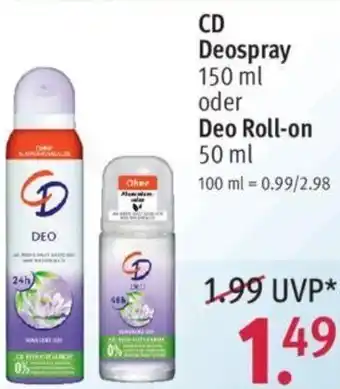 Rossmann CD Deospray 150ml oder Deo Roll on 50ml Angebot