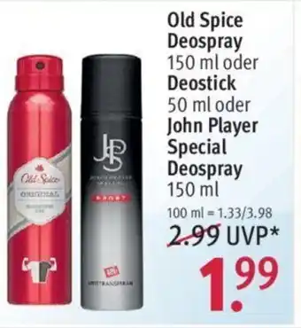 Rossmann Old Spice Deospray 150ml oder Deostick 50ml oder John Player Special Deospray 150ml Angebot