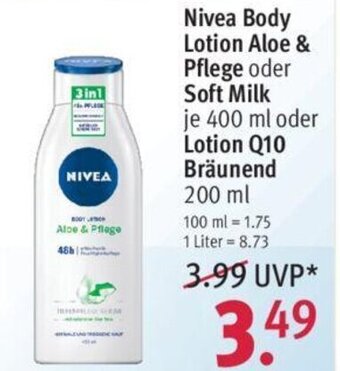 Rossmann Nivea Body Lotion Aloe & Plege oder Soft Milk 400ml oder Lotion Q10 Bräunend 200ml Angebot